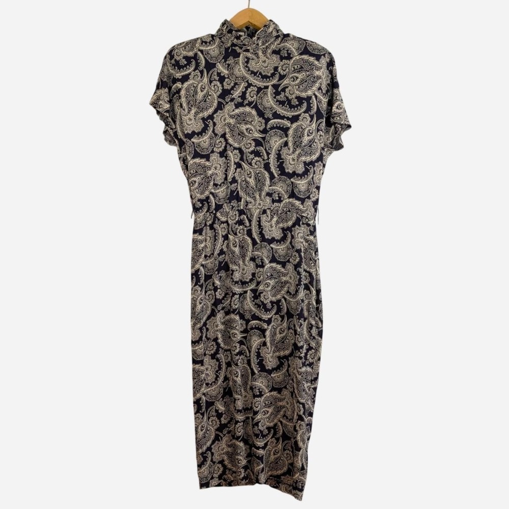 Vintage 90s Phoebe Rayon Paisley Midi Dress Mock Neck Keyhole Navy USA Size 8